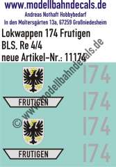 Nass-Schiebebilder: Zusatzbeschriftung mit Wappen Lok 174 Frutigen für Re 4/4 der BLS, ab Epoche 3. Artikel-Nummer: 11174