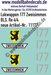 Nass-Schiebebilder: Zusatzbeschriftung mit Wappen Lok 177 Zweisimmen für Re 4/4 der BLS, ab Epoche 3. Artikel-Nummer: 11177