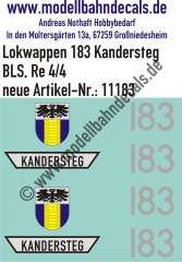 Nass-Schiebebilder: Zusatzbeschriftung mit Wappen Lok 183 Kandersteg für Re 4/4 der BLS, ab Epoche 3. Artikel-Nummer: 11183
