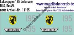 Nass-Schiebebilder: Zusatzbeschriftung mit Wappen Lok 195 Unterseen für Re 4/4 der BLS, ab Epoche 3. Artikel-Nummer: 11195