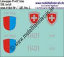 "Nass-Schiebebilder: Zusatzbeschriftung mit Wappen Lok 11401 Ticino (Tessin) für Ae 6/6 der SBB, ab Epoche 3. Artikel-Nummer: 11401"