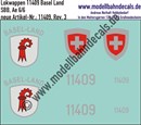 "Nass-Schiebebilder: Zusatzbeschriftung mit Wappen Lok 11409 Basel Land für Ae 6/6 der SBB, ab Epoche 3. Artikel-Nummer: 11409"