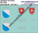 "Nass-Schiebebilder: Zusatzbeschriftung mit Wappen Lok 11412 Zürich für Ae 6/6 der SBB, ab Epoche 3. Artikel-Nummer: 11412"