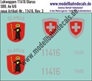 "Nass-Schiebebilder: Zusatzbeschriftung mit Wappen Lok 11416 Glarus für Ae 6/6 der SBB, ab Epoche 3. Artikel-Nummer: 11416"