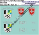 "Nass-Schiebebilder: Zusatzbeschriftung mit Wappen Lok 11421 Grischun/Graubünden für Ae 6/6 der SBB, ab Epoche 3. Artikel-Nummer: 11421"