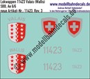 "Nass-Schiebebilder: Zusatzbeschriftung mit Wappen Lok 11423 Valais (Wallis) für Ae 6/6 der SBB, ab Epoche 3. Artikel-Nummer: 11423"