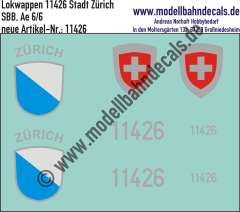 Nass-Schiebebilder: Zusatzbeschriftung mit Wappen Lok 11426 Stadt Zürich für Ae 6/6 der SBB, ab Epoche 3. Artikel-Nummer: 11426