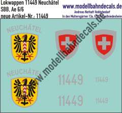 Nass-Schiebebilder: Zusatzbeschriftung mit Wappen Lok 11449 Neuchâtel für Ae 6/6 der SBB, ab Epoche 3. Artikel-Nummer: 11449