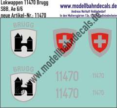 Nass-Schiebebilder: Zusatzbeschriftung mit Wappen Lok 11470 Brugg für Ae 6/6 der SBB, ab Epoche 3. Artikel-Nummer: 11470