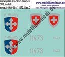 "Nass-Schiebebilder: Zusatzbeschriftung mit Wappen Lok 11473 St. Maurice für Ae 6/6 der SBB, ab Epoche 3. Artikel-Nummer: 11473"