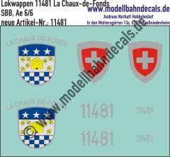 Nass-Schiebebilder: Zusatzbeschriftung mit Wappen Lok 11481 La Chaux-de-Fonds für Ae 6/6 der SBB, ab Epoche 3. Artikel-Nummer: 11481