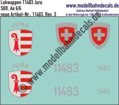 "Nass-Schiebebilder: Zusatzbeschriftung mit Wappen Lok 11483 Jura für Ae 6/6 der SBB, ab Epoche 3. Artikel-Nummer: 11483"