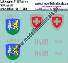 Nass-Schiebebilder: Zusatzbeschriftung mit Wappen Lok 11489 Airolo für Ae 6/6 der SBB, ab Epoche 3. Artikel-Nummer: 11489