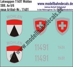 Nass-Schiebebilder: Zusatzbeschriftung mit Wappen Lok 11491 Wohlen für Ae 6/6 der SBB, ab Epoche 3. Artikel-Nummer: 11491