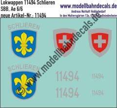 Nass-Schiebebilder: Zusatzbeschriftung mit Wappen Lok 11494 Schlieren für Ae 6/6 der SBB, ab Epoche 3. Artikel-Nummer: 11494