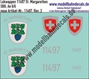 "Nass-Schiebebilder: Zusatzbeschriftung mit Wappen Lok 11497 St. Margarethen für Ae 6/6 der SBB, ab Epoche 3. Artikel-Nummer: 11497"