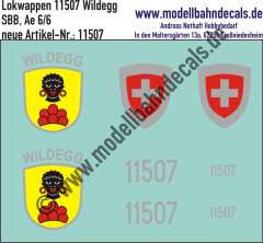 Nass-Schiebebilder: Zusatzbeschriftung mit Wappen Lok 11507 Wildegg für Ae 6/6 der SBB, ab Epoche 3. Artikel-Nummer: 11507