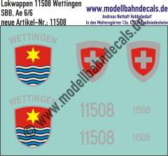 Nass-Schiebebilder: Zusatzbeschriftung mit Wappen Lok 11508 Wettingen für Ae 6/6 der SBB, ab Epoche 3. Artikel-Nummer: 11508