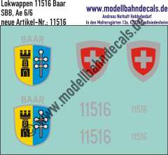 Nass-Schiebebilder: Zusatzbeschriftung mit Wappen Lok 11516 Baar für Ae 6/6 der SBB, ab Epoche 3. Artikel-Nummer: 11516