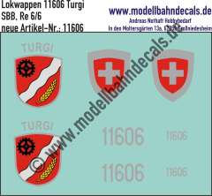 Nass-Schiebebilder: Zusatzbeschriftung mit Wappen Lok 11606 Turgi für Re 6/6 der SBB, ab Epoche 3. Artikel-Nummer: 11606