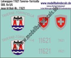 Nass-Schiebebilder: Zusatzbeschriftung mit Wappen Lok 11621 Taverne-Torricella für Re 6/6 der SBB, ab Epoche 3. Artikel-Nummer: 11621
