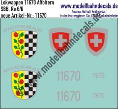 Nass-Schiebebilder: Zusatzbeschriftung mit Wappen Lok 11670 Affoltern am Albis für Re 6/6 der SBB, ab Epoche 3. Artikel-Nummer: 11670