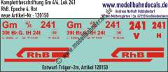 Nass-Schiebebilder: Komplettbeschriftung Gm 4/4 (Lok 241) der RhB (Rhätische Bahn), Variante Rot, Epoche 4, Entwurf Tröger-2m, Art. 120150.
