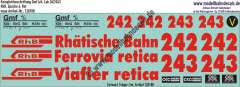 Nass-Schiebebilder: Komplettbeschriftung Gmf 4/4 (Loks 242/243) der RhB (Rhätische Bahn), Variante Rot, Epoche 4, Entwurf Tröger-2m, Art. 120180.