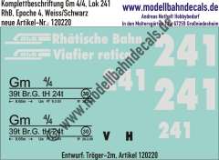 Nass-Schiebebilder: Komplettbeschriftung Gm 4/4 (Lok 241) der RhB (Rhätische Bahn), Variante Weiss/Schwarz, Epoche 4; Entwurf Tröger-2m, Art. 120220.