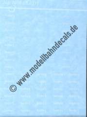 Nass-Schiebebilder: Sonderangebot Spur H0: Wagenanschriften, Klassenziffern, Nummern. Artikel-Nummer: 19067