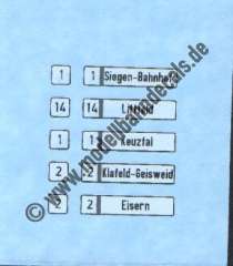 Nass-Schiebebilder: Sonderangebot Spur H0: Liniennummern und Zielschilder für Busse/Straßenbahnen. Artikel-Nummer: 19144