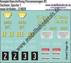 Nass-Schiebebilder: Personenwagen-Komplettbeschriftung BC, Königlich sächsische Staats Eisenbahn, Epoche 1, Entwurf: Tröger-2m, Art. 219020
