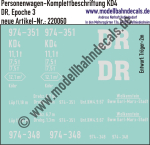 Nass-Schiebebilder: Personenwagen-Komplettbeschriftung KD4, DR, Epoche 3; Entwurf Tröger-2m. Artikel-Nummer: 220060