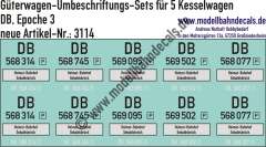 Nass-Schiebebilder: 5x2 Umbeschriftungs-Sets für Kesselwagen Beheimatung Sebaldsbrück, DB, Epoche 3. Artikel-Nummer: 3114