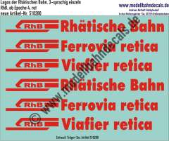 Nass-Schiebebilder: Logos der Rhätischen Bahn, 3-sprachig einzeln, RhB, ab Epoche 4, Rot, Entwurf: Tröger-2m, Art. 510280.