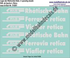 Nass-Schiebebilder: Logos der Rhätischen Bahn, 3-sprachig einzeln, RhB, ab Epoche 4, Weiss, Entwurf: Tröger-2m, Art. 510281.