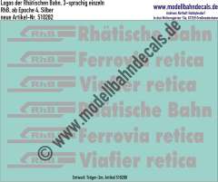 Nass-Schiebebilder: Logos der Rhätischen Bahn, 3-sprachig einzeln, RhB, ab Epoche 4, Silber, Entwurf: Tröger-2m, Art. 510282.