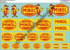 Nass-Schiebebilder: Minol, Rot auf Gelb inkl. Maskottchen Minol-Pirol (Verwendung bis 1990). Artikel-Nummer: 5454