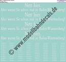 "Nass-Schiebebilder: ""Nett hier"" Baden-Württemberg mit Loknummern, Weiss. Artikel-Nummer: 5570"