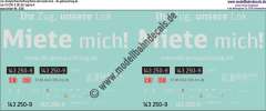 Nass-Schiebebilder: Lok-Komplettbeschriftung Miete oder Kaufe mich - DB Lok 143 250-9, Epoche 6. Artikel-Nummer: 6106