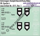 "Nass-Schiebebilder: Güterwagen-Komplettbeschriftung Ibblps 395, DB, Epoche 4. Artikel-Nummer: 6111"