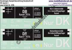 Nass-Schiebebilder: Kesselwagen-Komplettbeschriftung für Dieselkraftstoff, Kassel; DB, Epoche 3. Artikel-Nummer: 6296