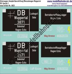 Nass-Schiebebilder: Kesselwagen-Komplettbeschriftung 160 hl, Ölwagen Betriebsstoffhauptlager Hagen-Ecks; DB, Epoche 3. Artikel-Nummer: 6623