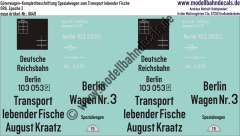 Nass-Schiebebilder: Güterwagen-Komplettbeschriftung Spezialwagen zum Transport lebender Fische, DRG, Epoche 2. Artikel-Nummer: 6649