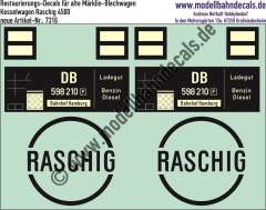 Nass-Schiebebilder: Restaurierungs-Decals Beschriftung für Kesselwagen der DB/Raschig von Märklin (Nummer 4500). Artikel-Nummer: 7316
