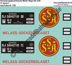 Nass-Schiebebilder: Restaurierungs-Decals Beschriftung für Kesselwagen der SJ SSA (Melass-Sockerbolaget), (von Märklin Nummer 4528). Artikel-Nummer: 7320