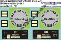 Nass-Schiebebilder: Restaurierungs-Decals Beschriftung für Kesselwagen der DB / Klöckner-Heizöl von Märklin Nummer 4500, Variante 2. Artikel-Nummer: 7322