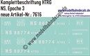 "Nass-Schiebebilder: Güterwagen-Komplettbeschriftung HTRG, NS, Epoche 3. Artikel-Nummer: 7616"