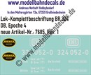 Nass-Schiebebilder: Lok-Komplettbeschriftung BR 324 - DB Epoche 4. Artikel-Nummer: 7685