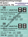 "Nass-Schiebebilder: Güterwagen-Komplettbeschriftung für Fischwagen/Kühlwagen Hamburger Karpfenhandel Innien & Hamburg, DB, Epoche 3. Artikel-Nummer: 7704"